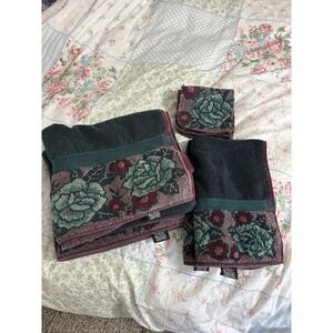 Vintage Cannon Royal Family Green Rose Floral Cttn Bath Towel Washcloth 6pc Set